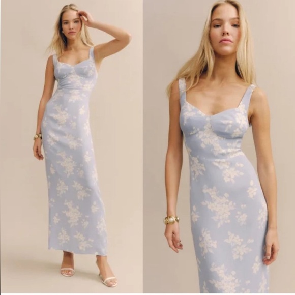 Reformation Reverie Dress Bijou Feminine Romantic Blue Floral Slit Sleeveless 2